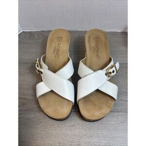 Vionic Orthaheel Technology Sandal Size 9 White Buckle Slip On 2.5 Heel Open Toe